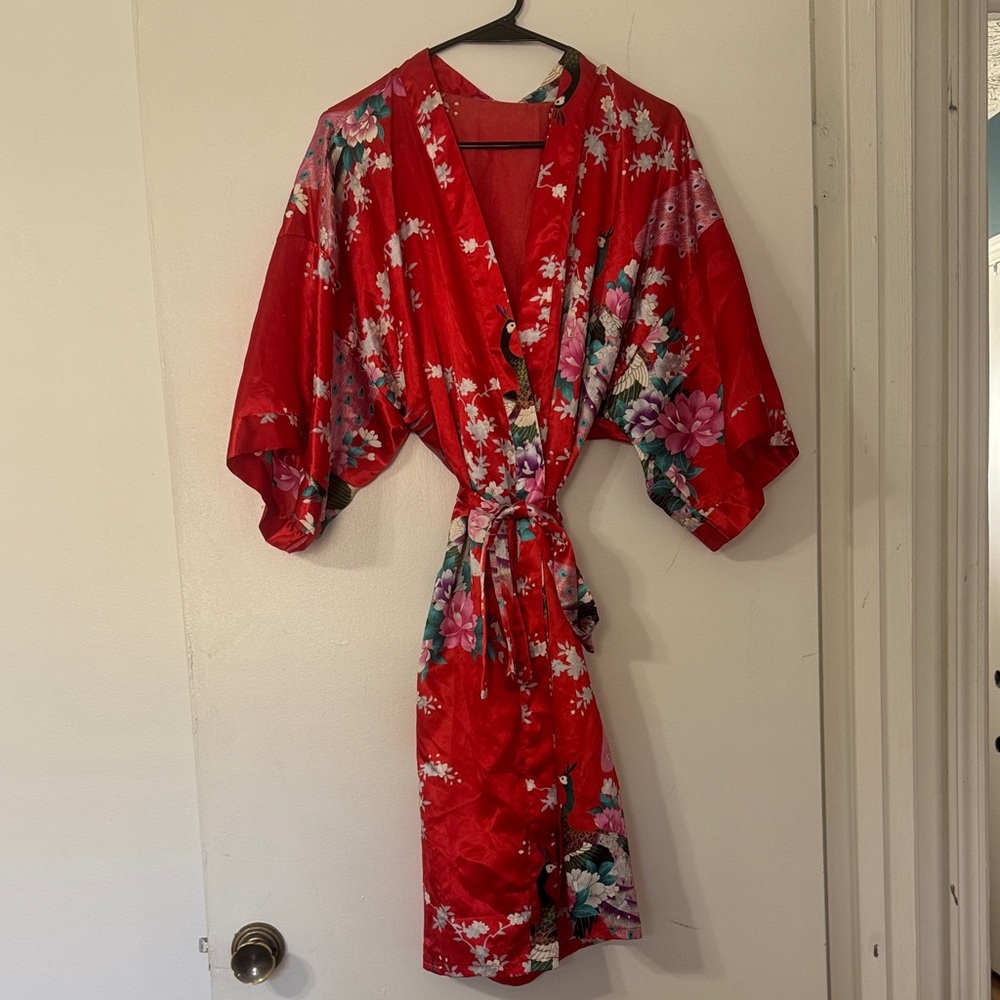 Floral Red Satin Kimono Robe with Tie-Waist